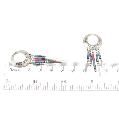 Old Pawn Sterling Silver Vintage Turquoise Hematite & Rhodonite Jacket Earrings
