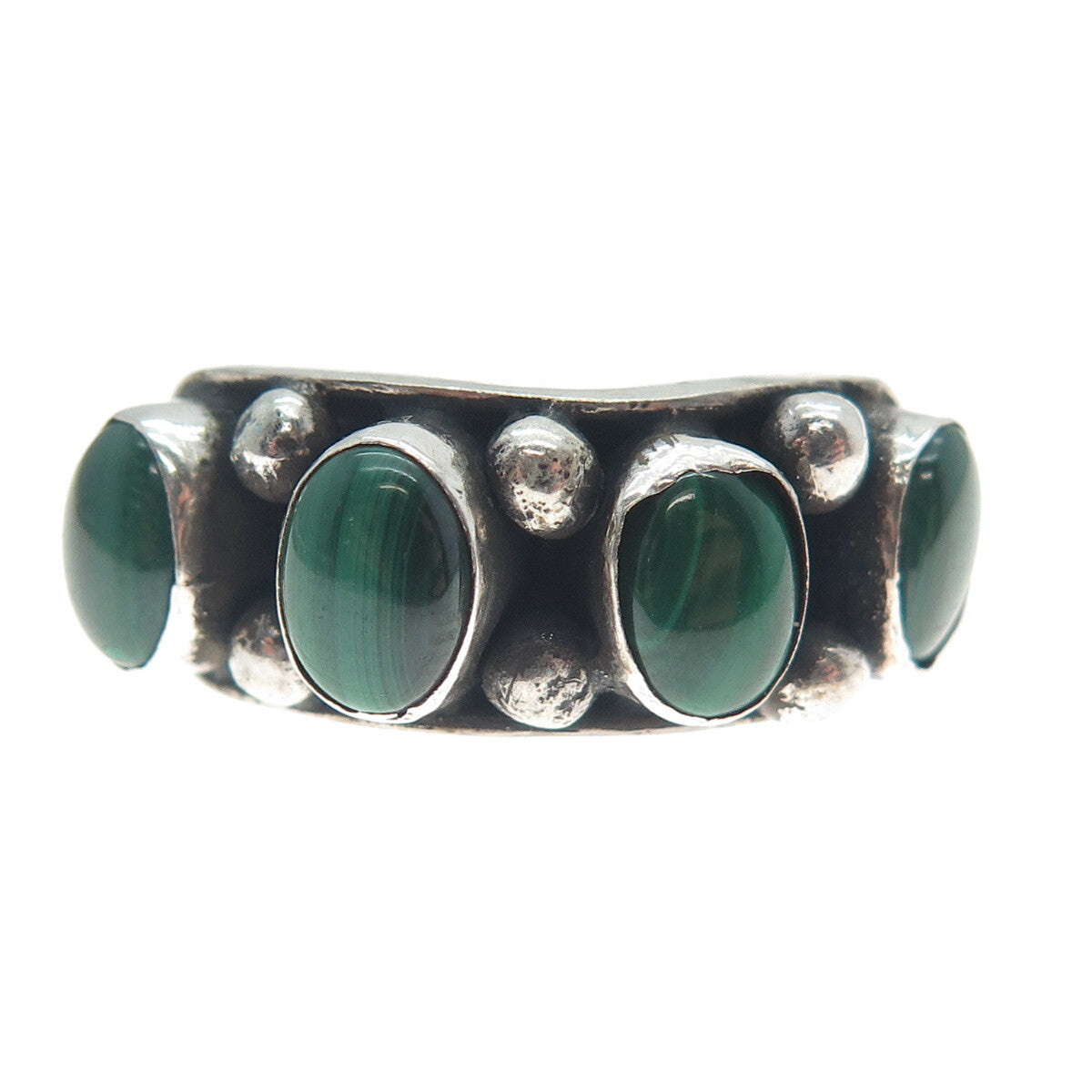 925 Sterling Silver Vintage Real Malachite Beaded Oxidized Ring Size 6.5
