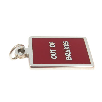 925 Sterling Silver Red Enamel "Out Of Brakes" Minimalist Charm Pendant