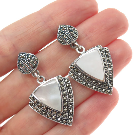 925 Sterling Silver Vintage Real MOP & Marcasite Oxidized Dangle Earrings