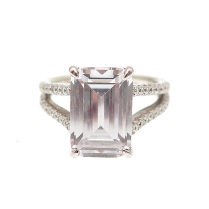 DSMK 925 Sterling Silver Emerald & Round-Cut C Z Engagement Ring Size 6.25