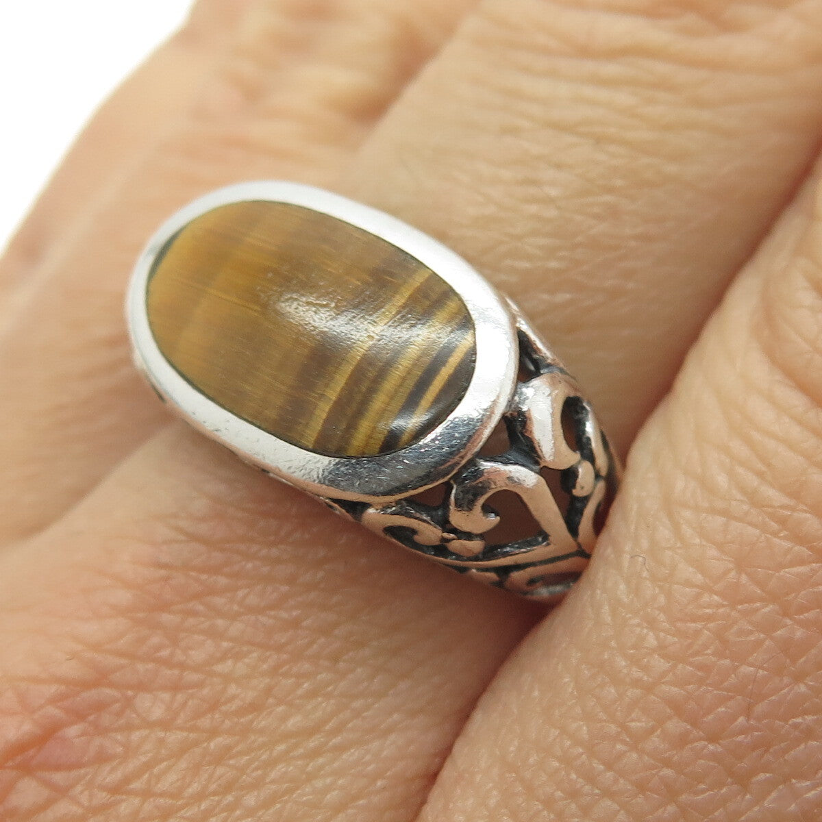 925 Sterling Silver Vintage Real Tiger Eye Swirl Ring Size 7.75