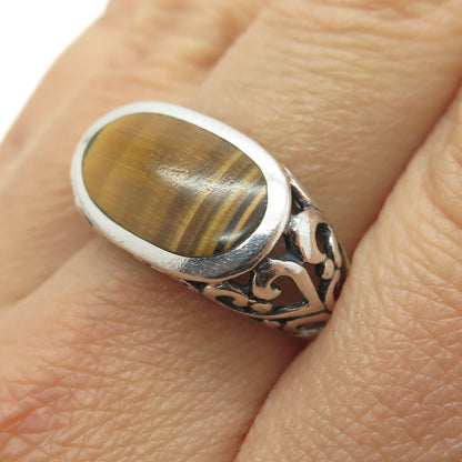 925 Sterling Silver Vintage Real Tiger Eye Swirl Ring Size 7.75