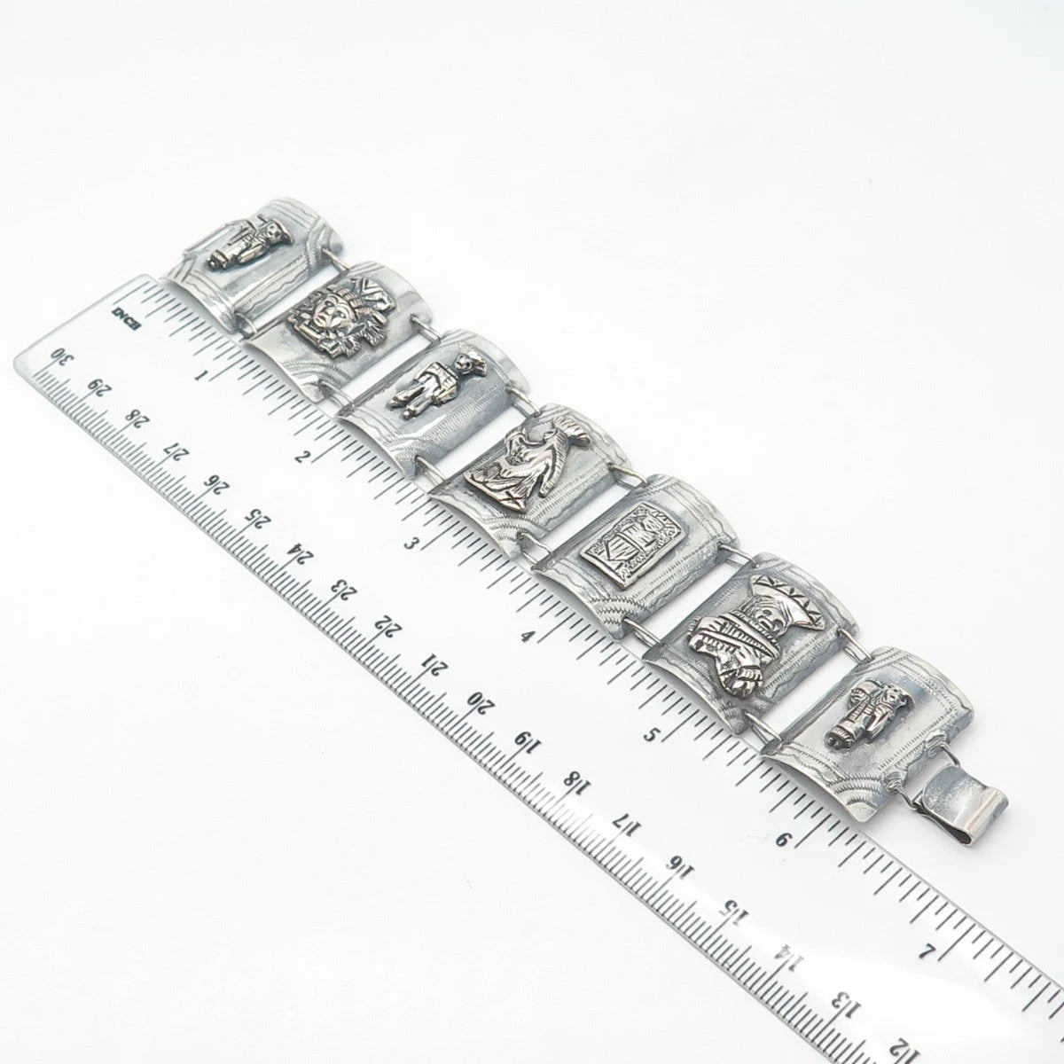900 Silver Vintage Tribal Panel Link Bracelet 6.5"