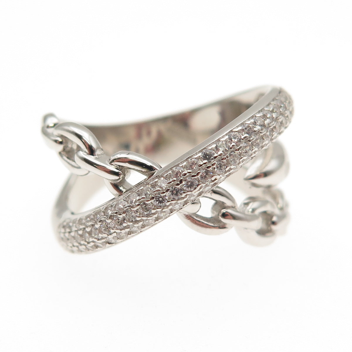 925 Sterling Silver Round-Cut C Z Crisscross Ring Size 8.25