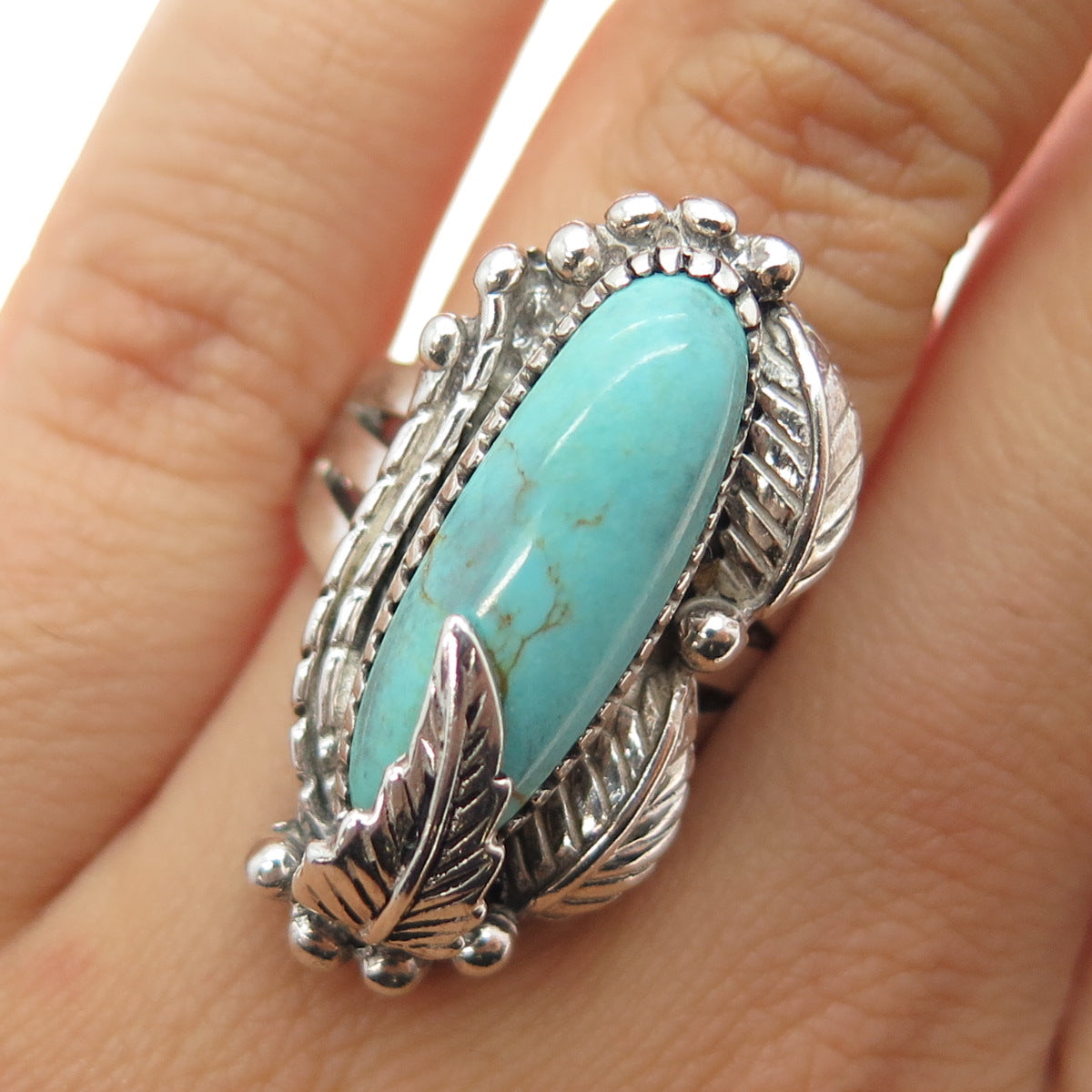 CAROL FELLEY 925 Sterling Silver Vintage 1996 Real Turquoise Feather Ring Size 7