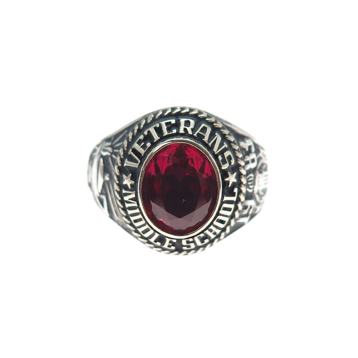 925 Sterling Vintage 1983 Lab-Created Ruby Veterans Middle School Ring Size 8