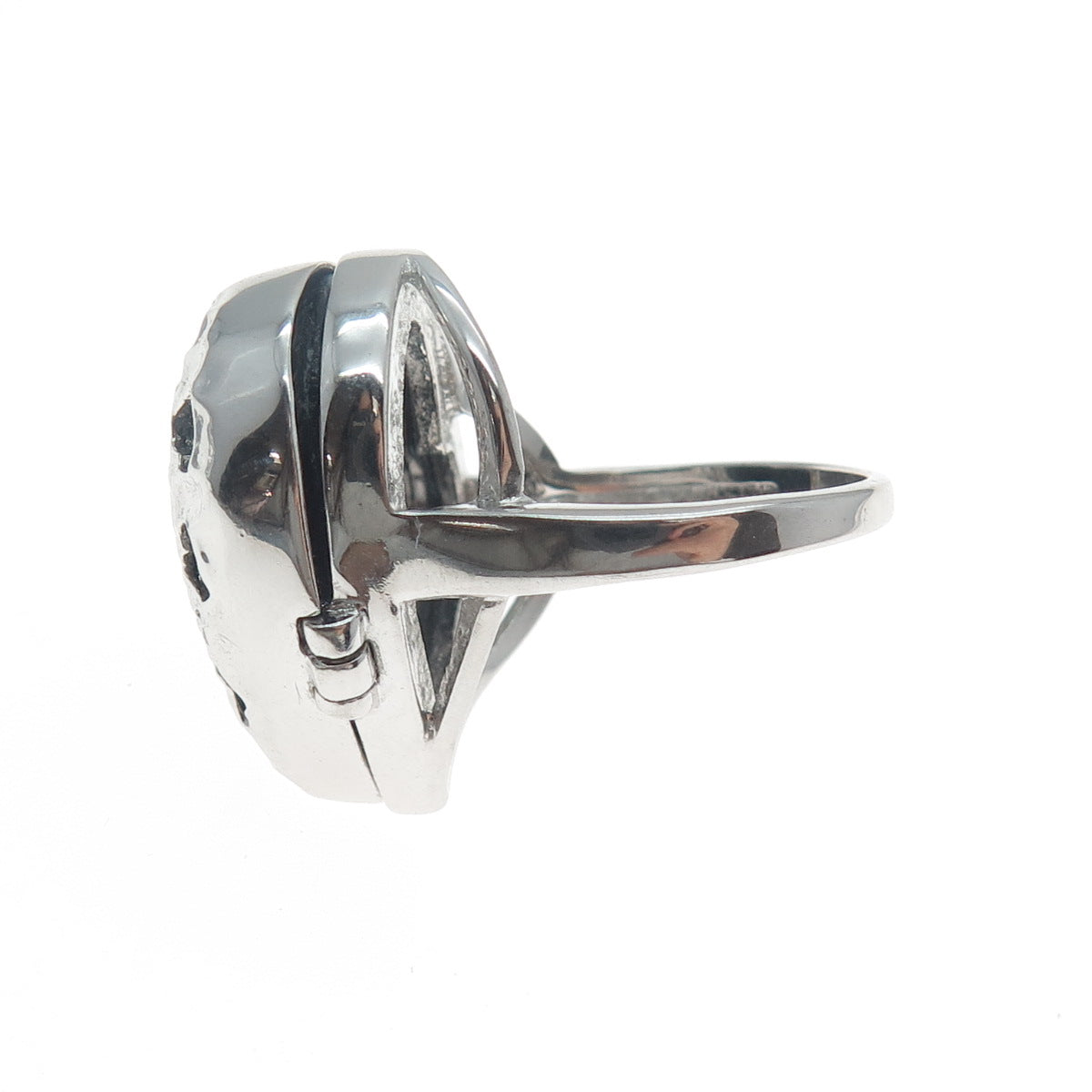 925 Sterling Silver Real Black Onyx Gem & C Z Heart Cutout Locket Ring Size 7