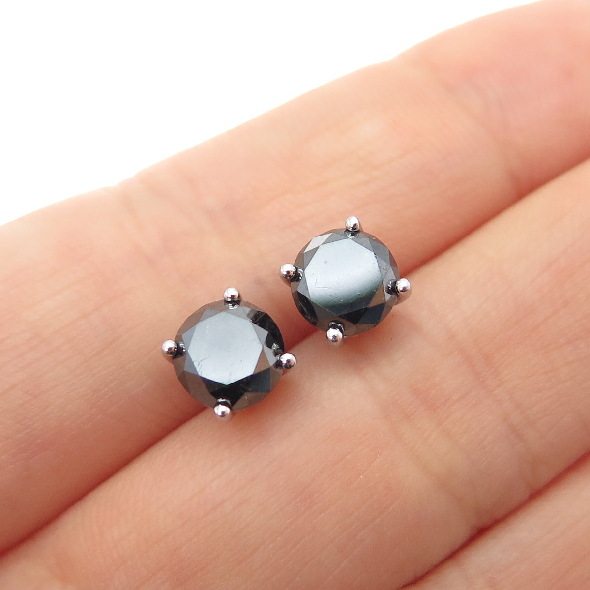 925 Sterling Silver Real Round-Cut Approx. 2.0ct Black Diamond Stud Earrings