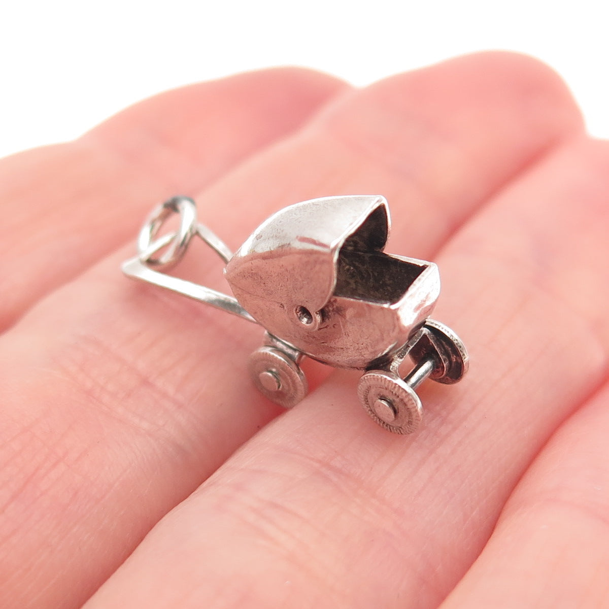 925 Sterling Antique Art Deco Mexico Baby Stroller Movable 3D Mini Charm Pendant