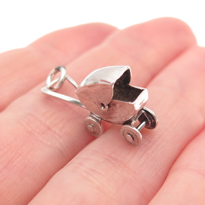 925 Sterling Antique Art Deco Mexico Baby Stroller Movable 3D Mini Charm Pendant