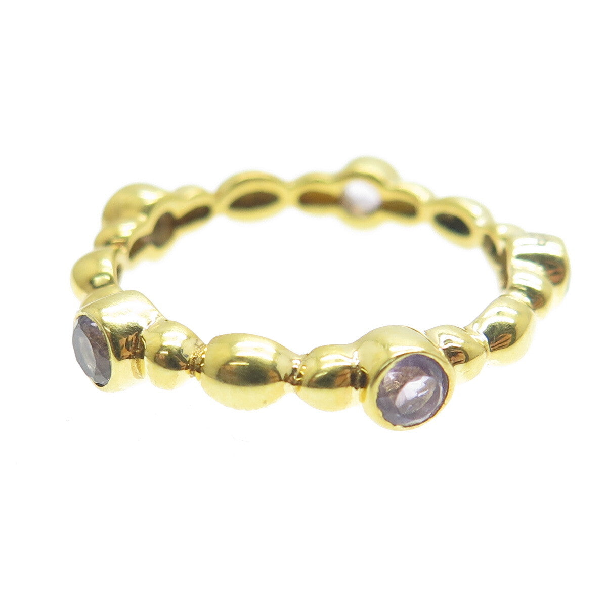 925 Sterling Silver Gold Plated Real Amethyst Beaded Band Ring Size 6.75