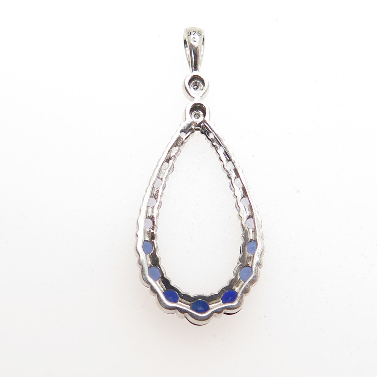 925 Sterling Silver Real Diamond Lab-Created Graduated Sapphire Teardrop Pendant