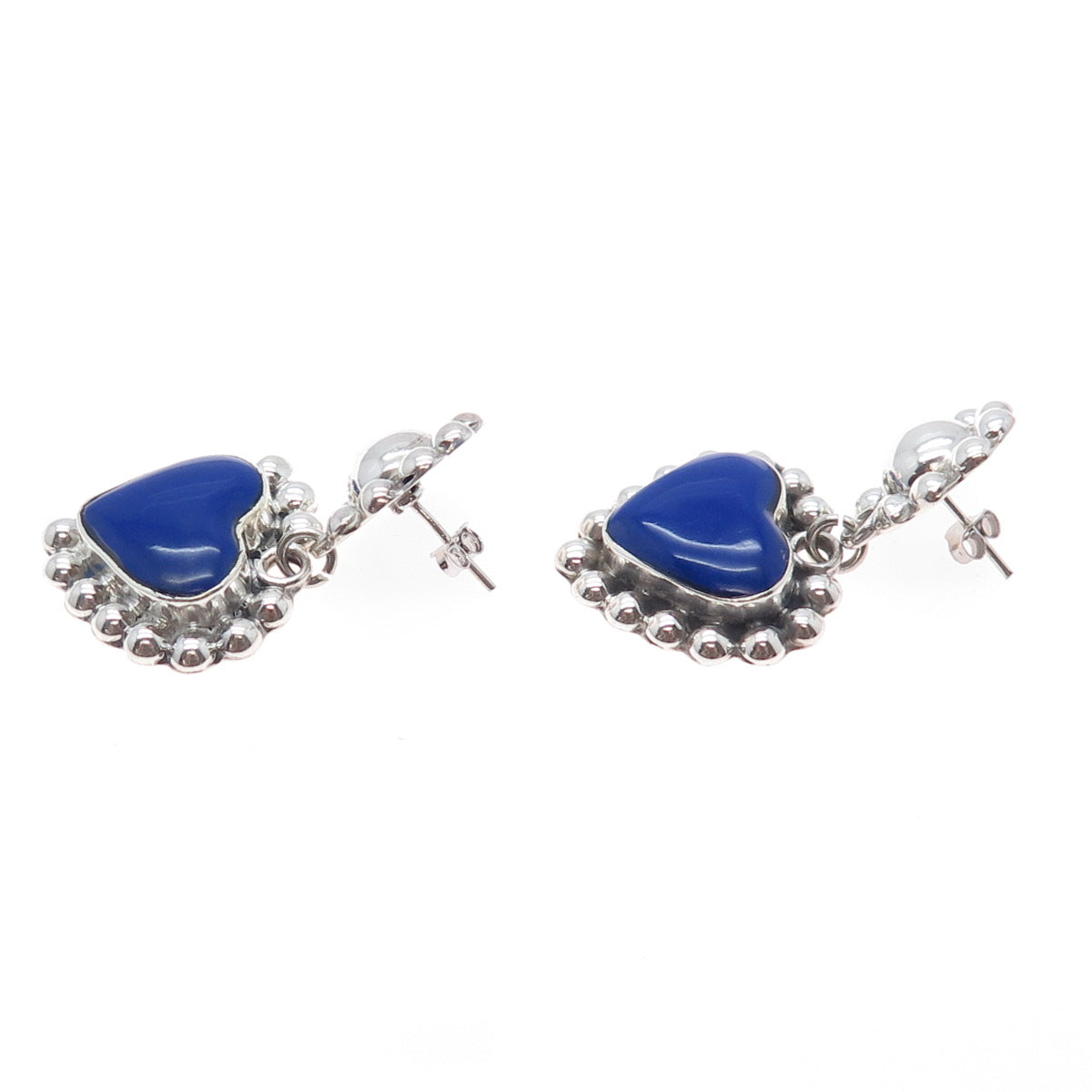 925 Sterling Silver Vintage Real Lapis Lazuli Heart Beaded Dangle Earrings
