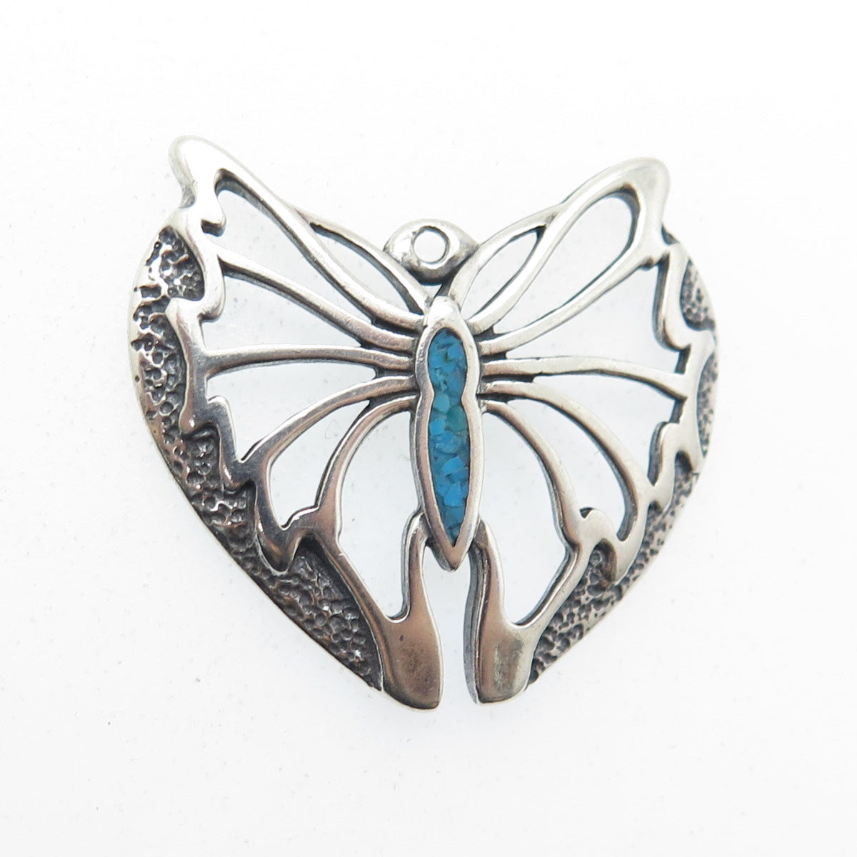 925 Sterling Silver Vintage Real Turquoise Gem Inlay Butterfly Pendant