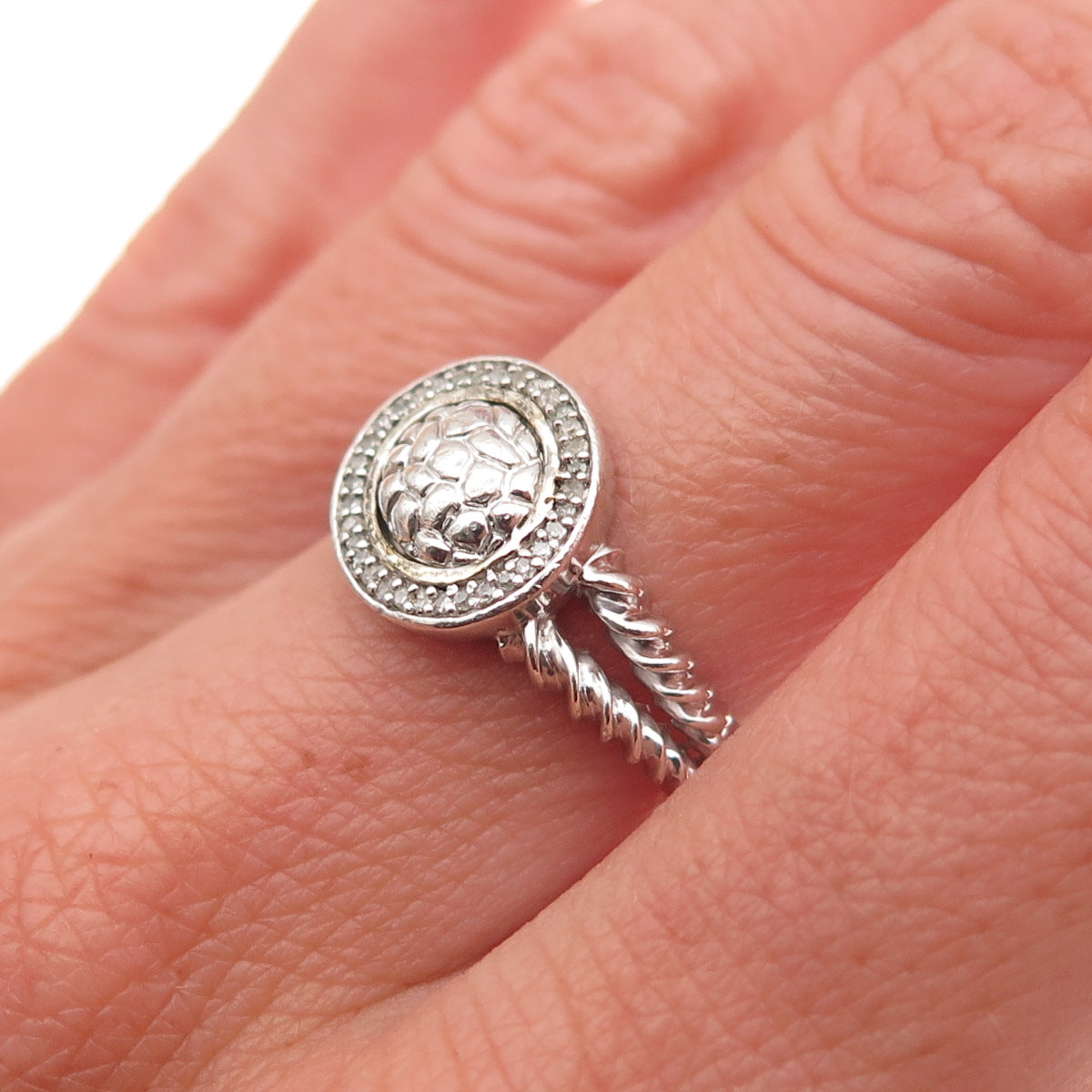 925 Sterling Silver Real Round-Cut Diamond Circle of Life Nugget Ring Size 6.75