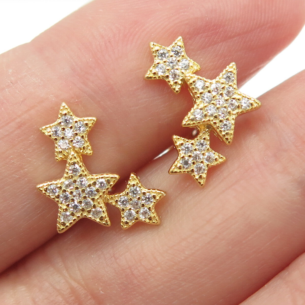 925 Sterling Silver Gold Plated Round-Cut C Z Star Earrings