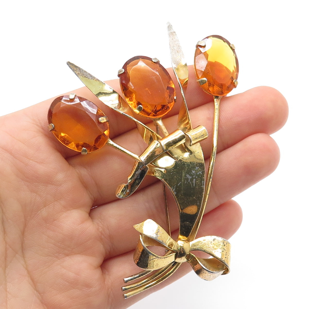 925 Sterling Silver Gold Plated Antique Real Citrine Flower Bouquet Pin Brooch