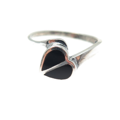 925 Sterling Silver Vintage Real Black Onyx Modernist Heart Ring Size 8