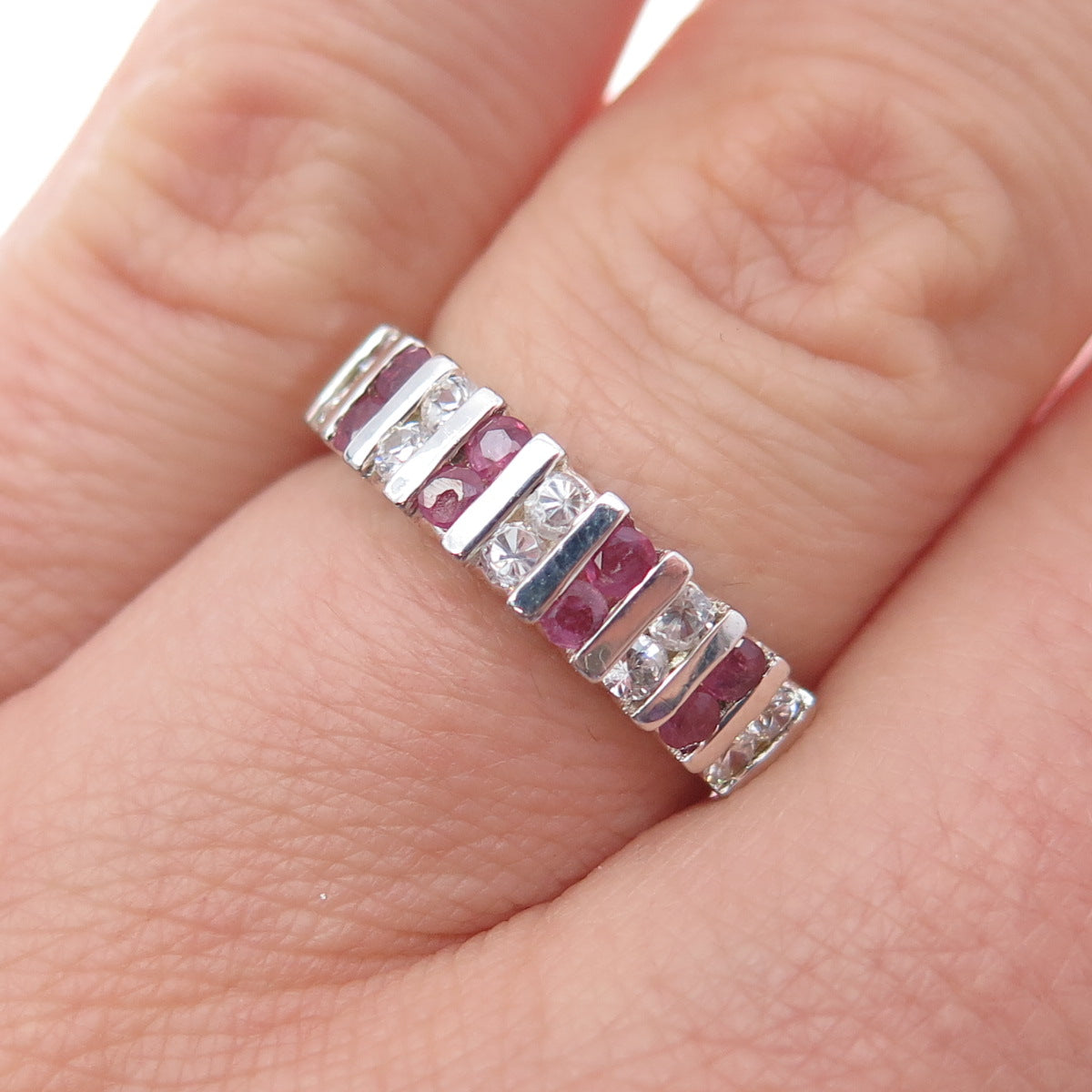 925 Sterling Silver Vintage Real Round-Cut Ruby & C Z Ring Size 5.75