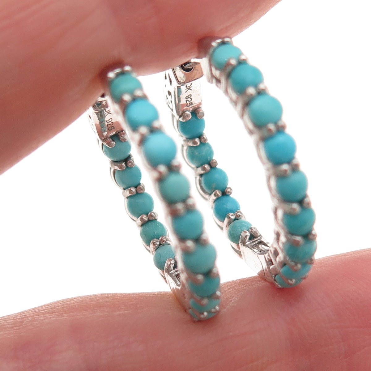 925 Sterling Silver Real Tyrone Turquoise In & Out Hoop Earrings