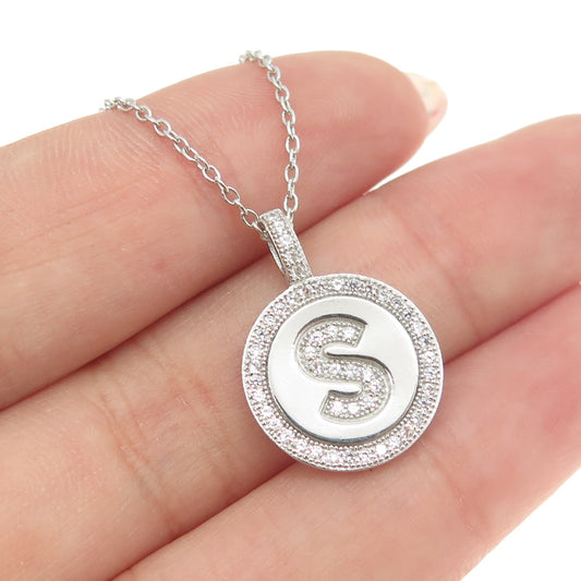 925 Sterling Silver Round-Cut C Z Letter "S" Cable Chain Necklace 16-18"