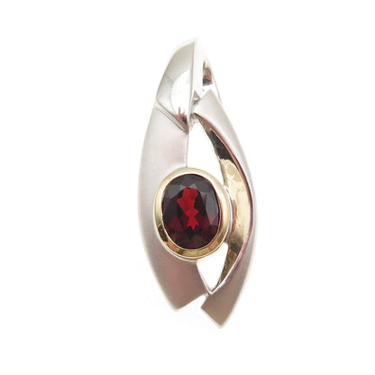 925 Sterling Silver 2-Tone Real Red Garnet Modernist Slide Pendant