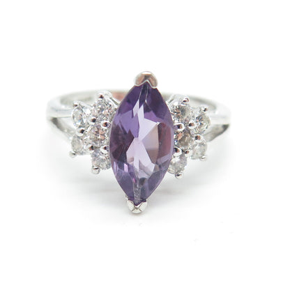 925 Sterling Silver Vintage Real Marquise-Cut Amethyst & White C Z Ring Size 7