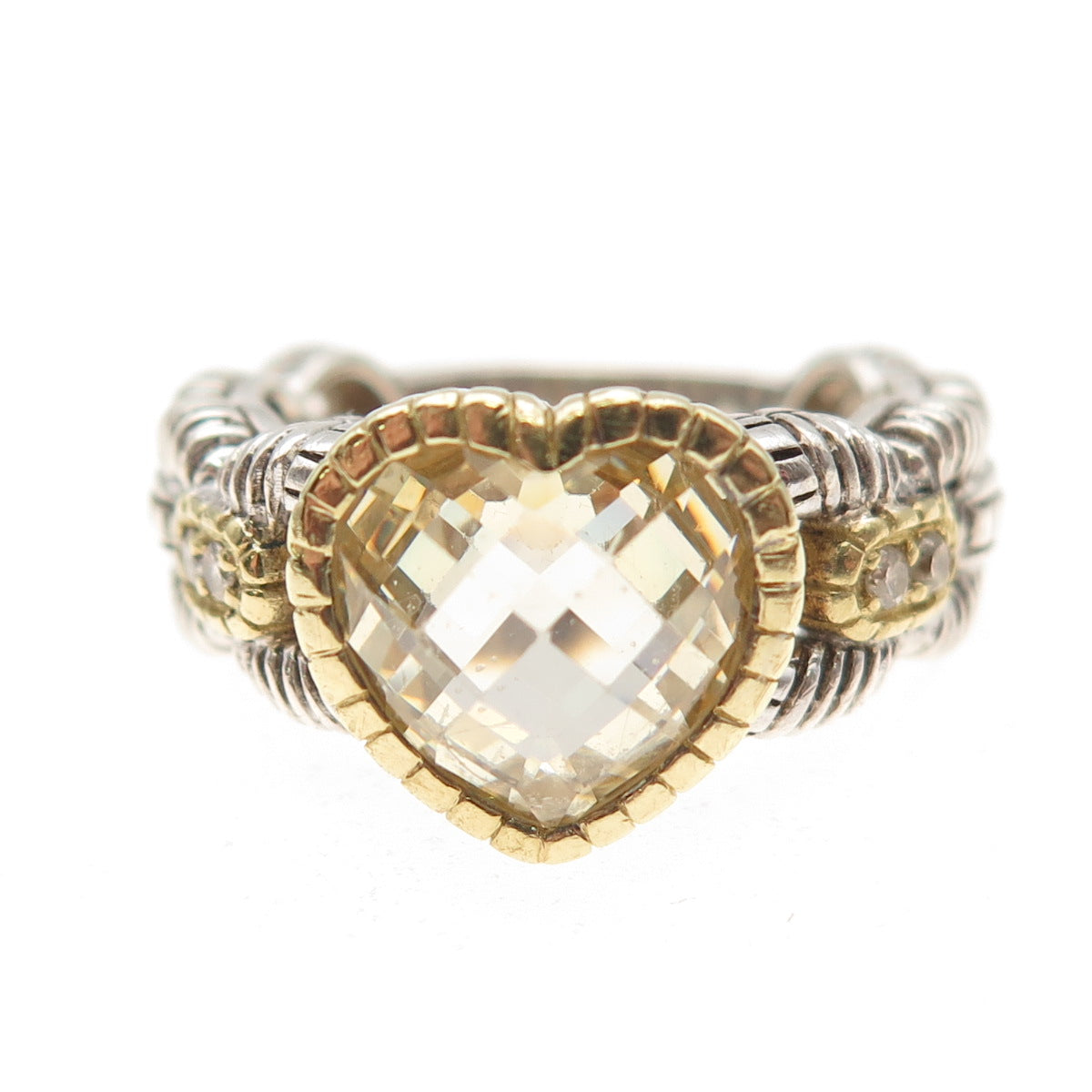 Judith Ripka Sterling Silver 18K Gold Real Diamond & Lemon Quartz Ring Size 7.5