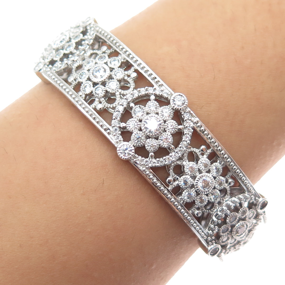 JUDITH RIPKA Sterling Silver Round-Cut C Z Flower Adjustable Cuff Bracelet 7"