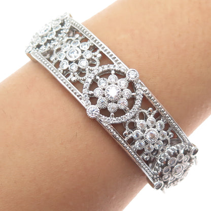 JUDITH RIPKA Sterling Silver Round-Cut C Z Flower Adjustable Cuff Bracelet 7"