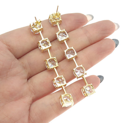 925 Sterling Silver Gold Plated Princess-Cut Shaped C Z Dangling Earrings