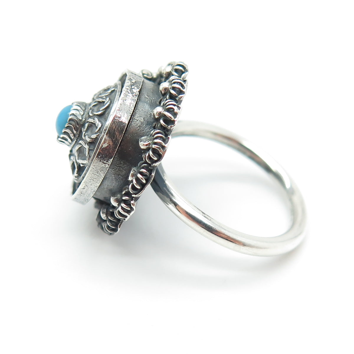 925 Sterling Silver Vintage Faux Turquoise Cannetille Oxidized Ring Size 5