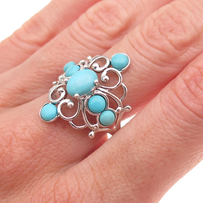 925 Sterling Silver Real Sleeping Beauty Turquoise Floral Cross Ring Size 8.25