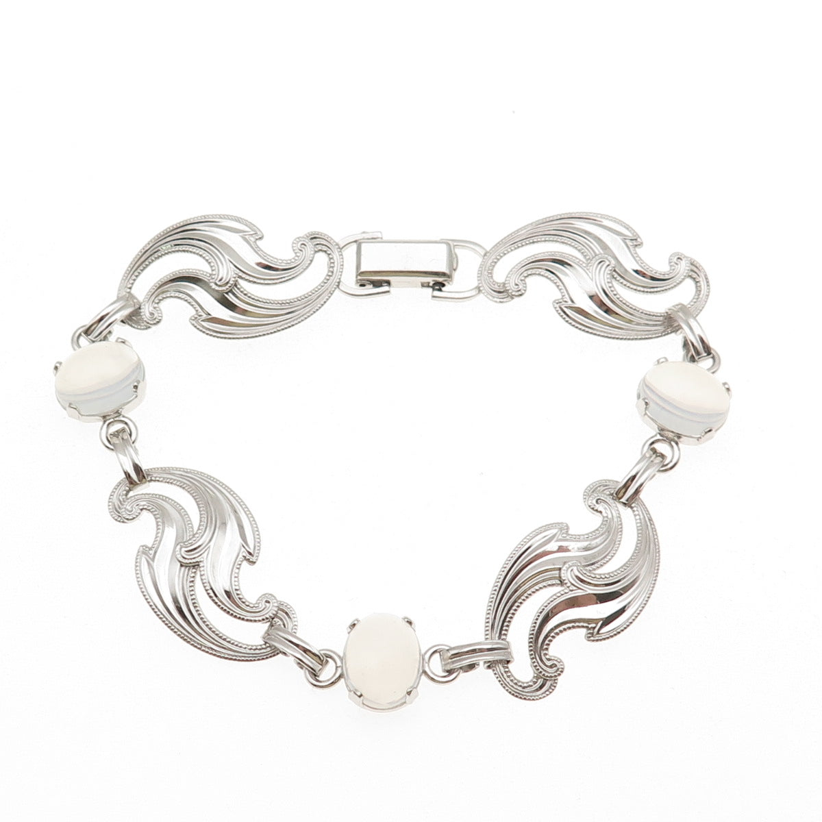 Van Dell 925 Sterling Silver Vintage Real Opalite Floral Bracelet 7.25"