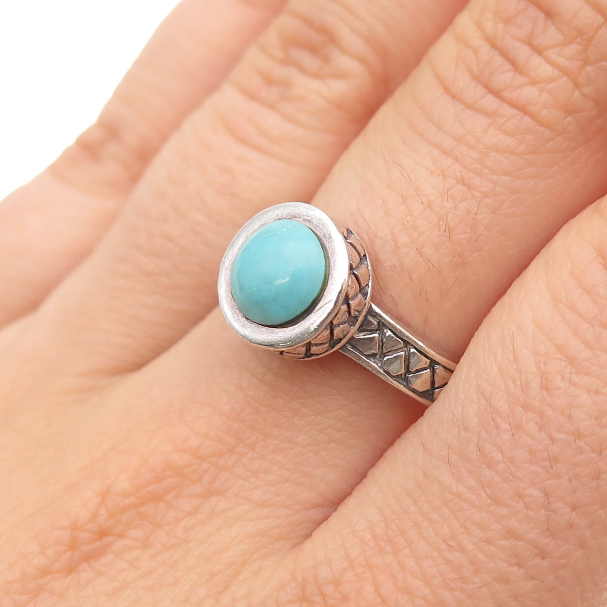 925 Sterling Silver Vintage Real Round-Cut Turquoise Oxidized Ring Size 6.75