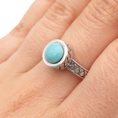 925 Sterling Silver Vintage Real Round-Cut Turquoise Oxidized Ring Size 6.75