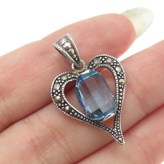 925 Sterling Silver Vintage Real Marcasite Gemstone & Blue C Z Heart Pendant