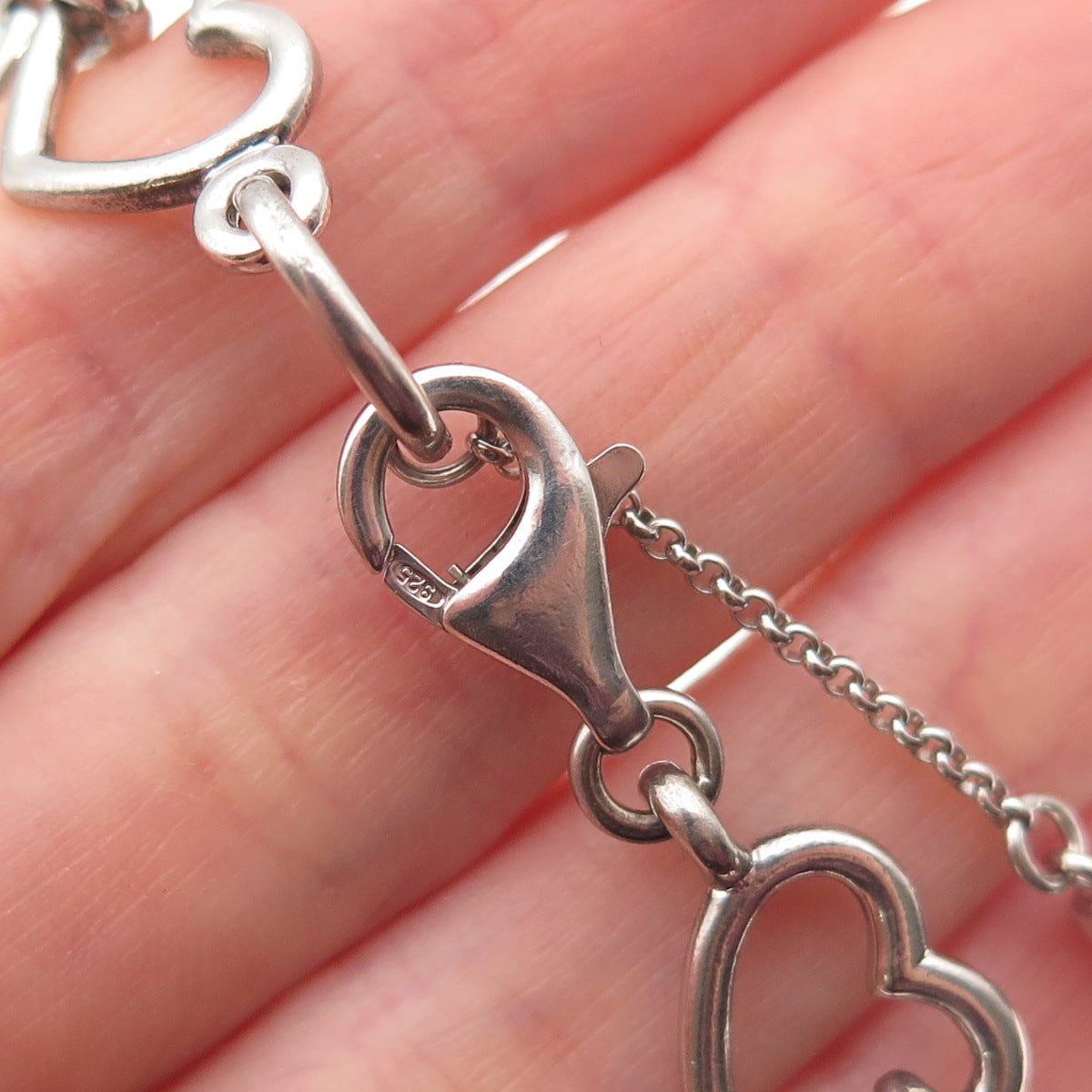 925 Sterling Silver Real Diamond Heart Link Bracelet 7.5"