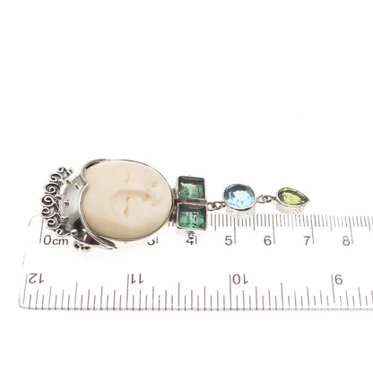 925 Sterling Silver Vintage Real Tourmaline Blue Topaz Peridot Moon Pin Pendant