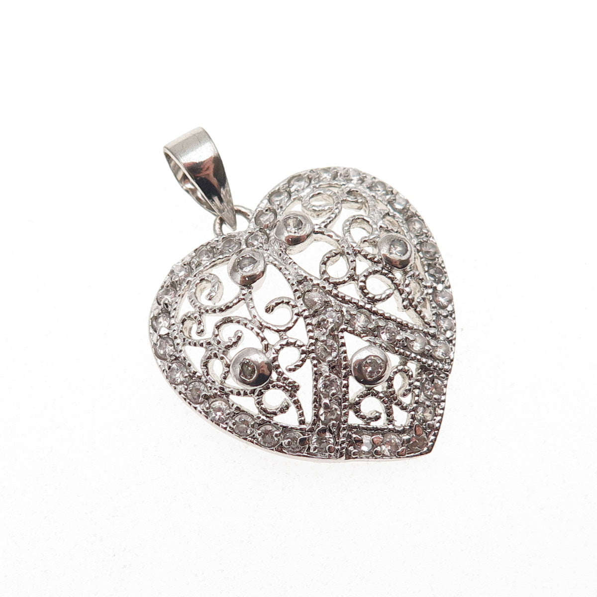 925 Sterling Silver Round-Cut C Z Floral Heart Charm Pendant