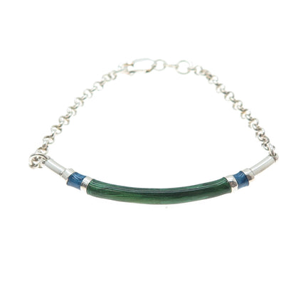 925 Sterling Silver Vintage Enamel Wood Bar Rolo Link Bracelet 6.25"