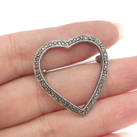 925 Sterling Silver Vintage Real Marcasite Gemstone Open Heart Pin Brooch