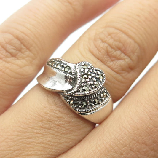 925 Sterling Silver Vintage Real Marcasite Gem Heart Ring Size 5.75