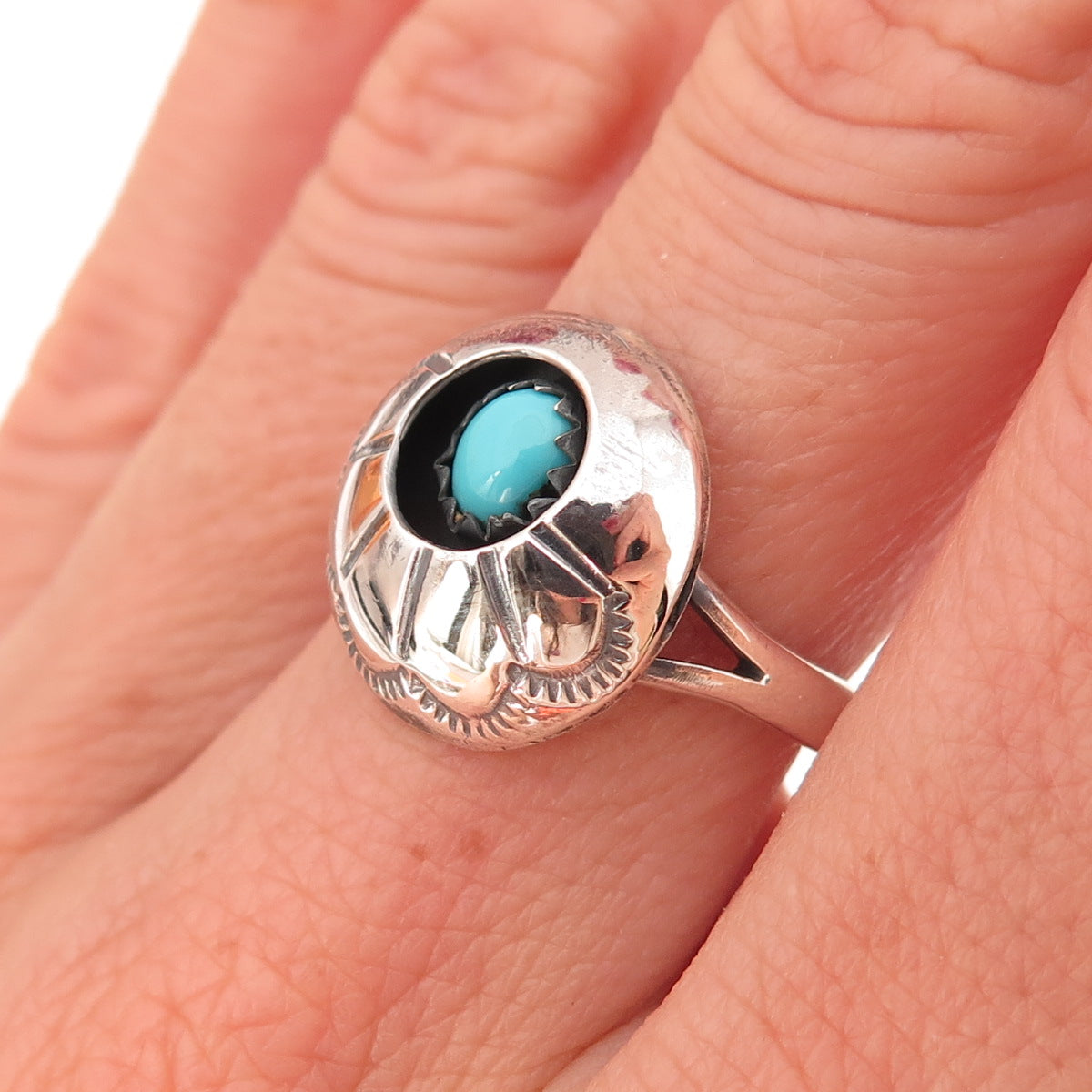 Old Pawn 925 Sterling Silver Vintage Turquoise Concho Shadow Box Ring Size 7.5
