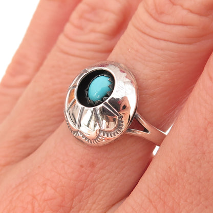 Old Pawn 925 Sterling Silver Vintage Turquoise Concho Shadow Box Ring Size 7.5