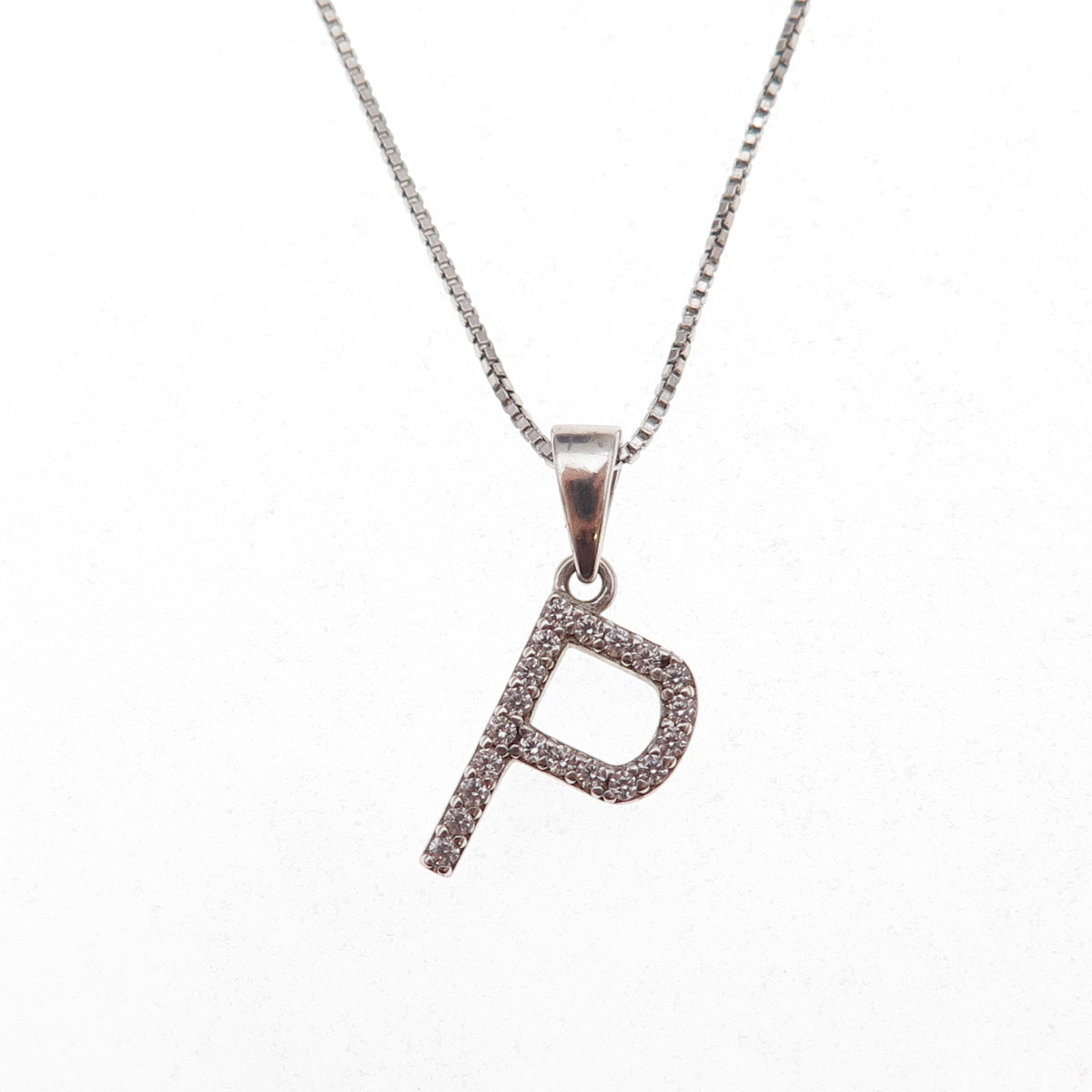 925 Sterling Silver Round-Cut C Z Letter P Initial Box Chain Necklace 18"