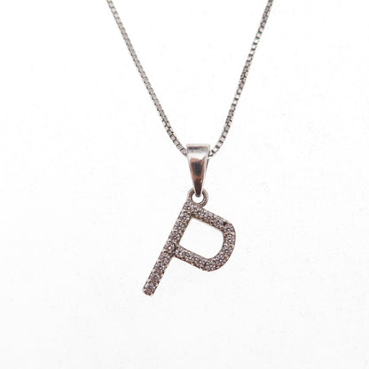 925 Sterling Silver Round-Cut C Z Letter P Initial Box Chain Necklace 18"