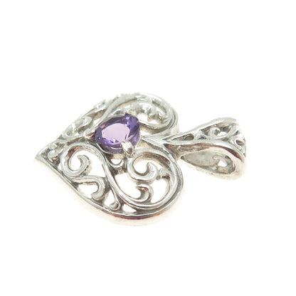 KABANA 925 Sterling Silver Vintage Real Amethyst Gemstone Heart Ornate Pendant