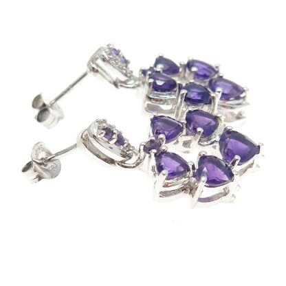 925 Sterling Silver Real White Topaz & Amethyst Gemstone Dangling Earrings